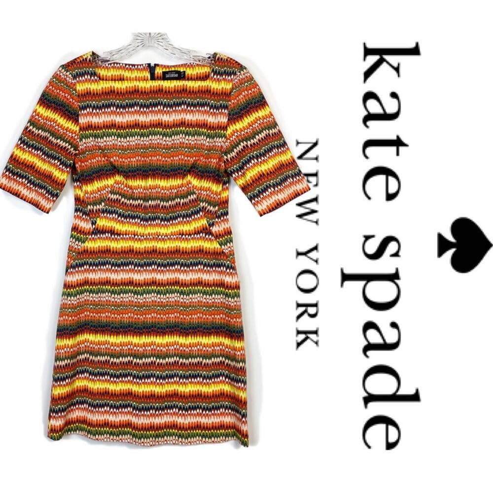 Kate Spade Saturday Dress 00 Yellow Striped Cotton Mod Shift Pockets Shift Retro